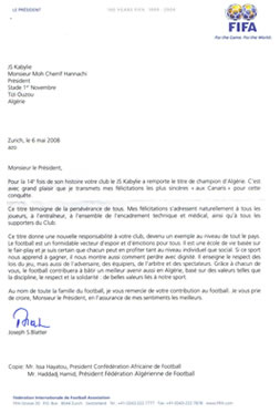 14�me titre des jaune et vert : Le Pr�sident de la FIFA Monsieur Joseph Blatter f�licite la JSK